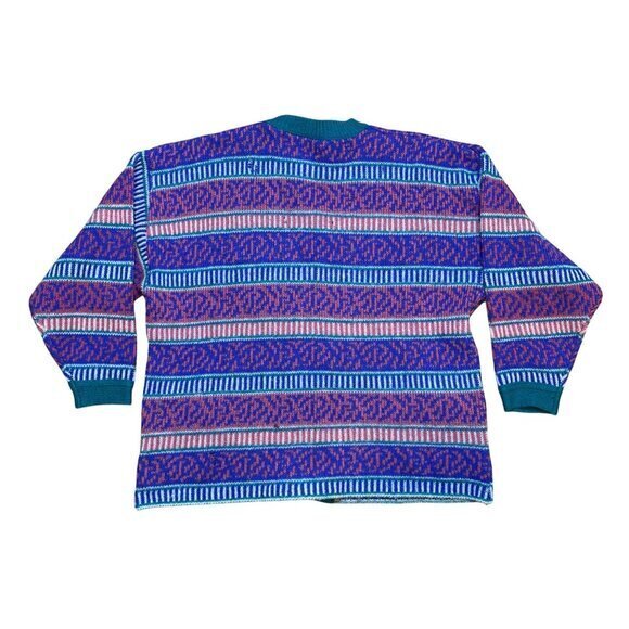 Vintage 80s/90s Pure Wool Cardigan Sweater With Stripe & Tribal Pattern Button-U - Picture 2 of 10